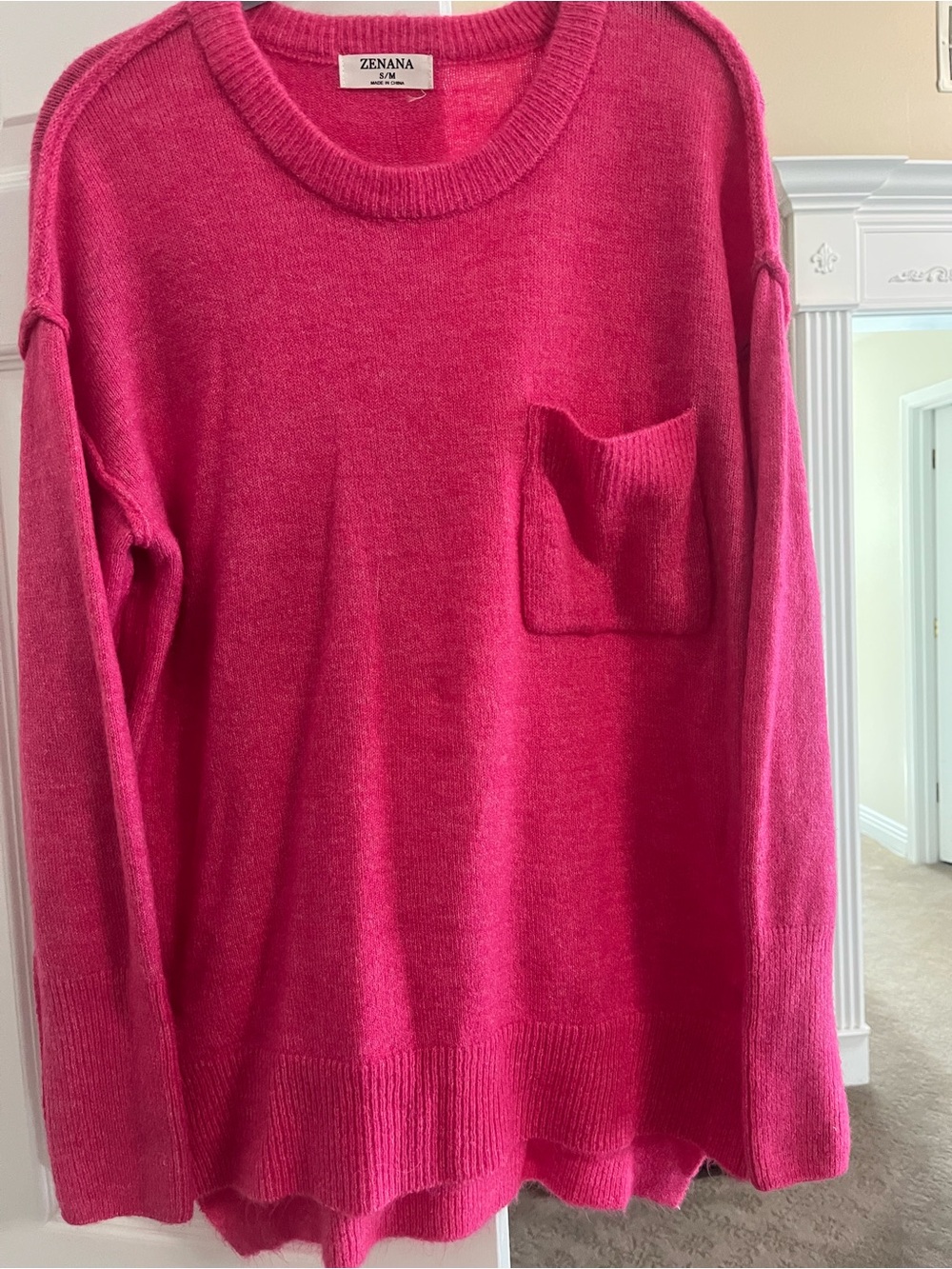 Zenana Outfitters Bright Pink Crewneck Sweater with Pocket